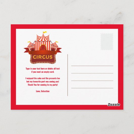 サーカス誕生日パーティーサンキューカード ポストカード (裏面)