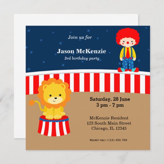 サーカス誕生日パーティー 招待状 (正面/裏面)