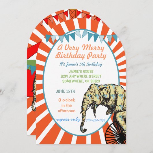 サーカス象の誕生日パーティーの招待バンティング 招待状 (正面/裏面)