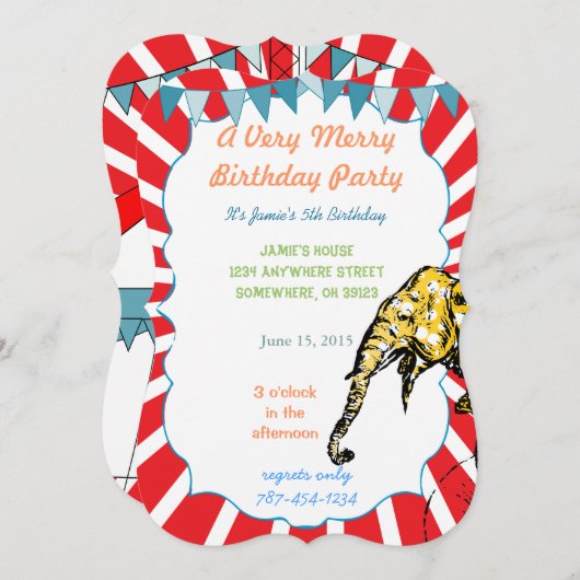 サーカス象の誕生日パーティーの招待バンティング 招待状 (正面/裏面)