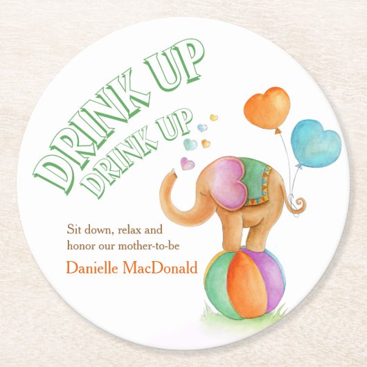 サーカス象ユニセックスの赤ちゃんシャワー紙コースター ラウンドペーパーコースター (正面)