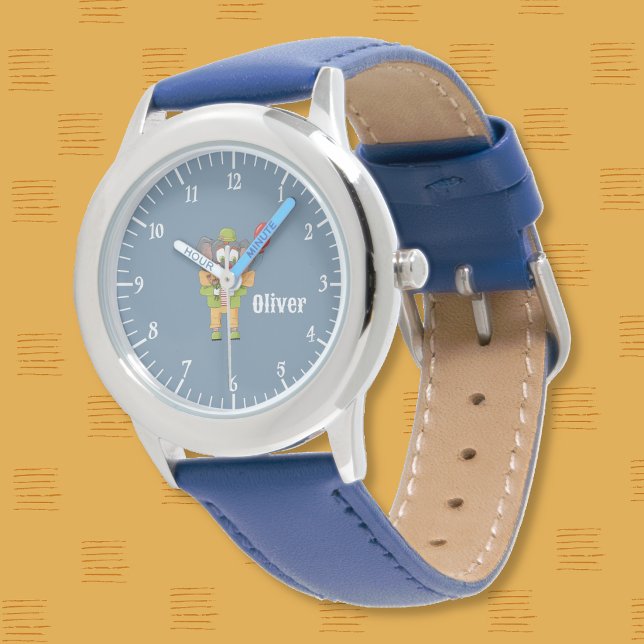 サーカス道化師象ブルー子供用時計 名前入り 腕時計 (Circus clown elephant kid blue personalized watch .)