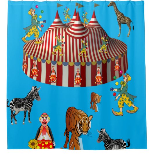 サーカス青赤の白い子供のシャワーカーテン シャワーカーテン (正面)
