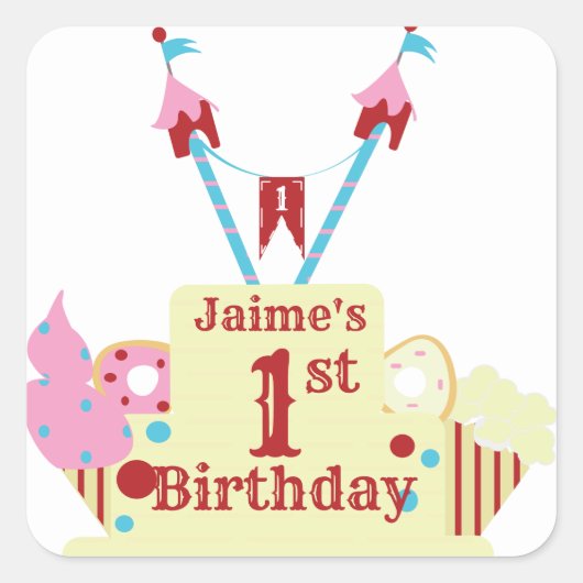 サーカス カーニバル ケーキ 初めての誕生日 スクエアシール (正面)