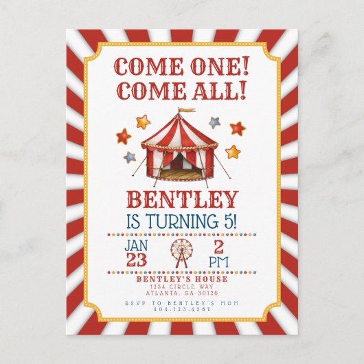 サーカス カーニバル 誕生日 ご招待 ポストカード (正面)