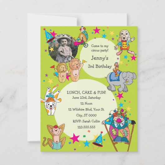 サーカス·テーマの子どもの誕生日パーティーの招待 招待状 (正面)