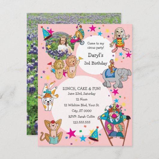 サーカス·テーマの子どもの誕生日パーティーの招待 招待状 (正面/裏面)