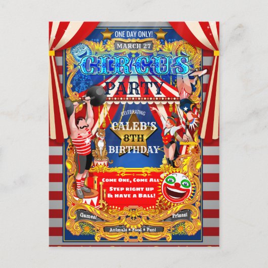 サーカス パーティー ビッグトップ テント ヴィンテージ モダン 誕生日 インビテーションポストカード (正面)