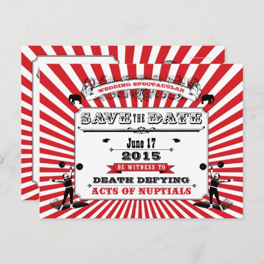 サーカスSteampunk結婚式の日付赤を保存 案内ポストカード (正面/裏面)