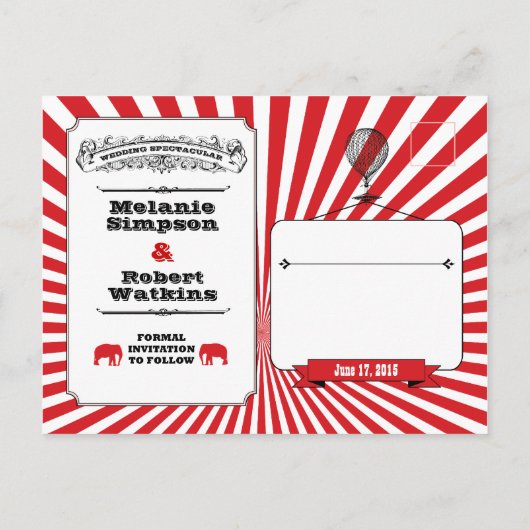 サーカスSteampunk結婚式の日付赤を保存 案内ポストカード (裏面)