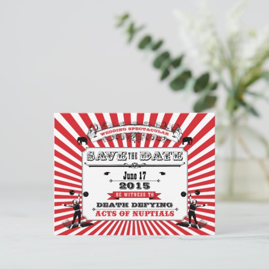 サーカスSteampunk結婚式の日付赤を保存 案内ポストカード (スタンド正面)
