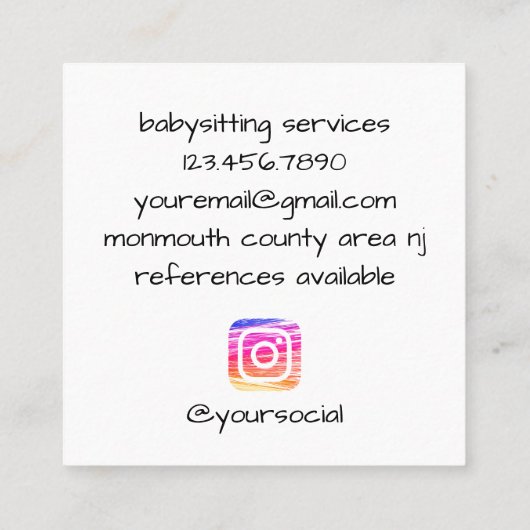 サークルウェアのピンブルーアンドピーチIGベビーシッター スクエア名刺 (裏面)