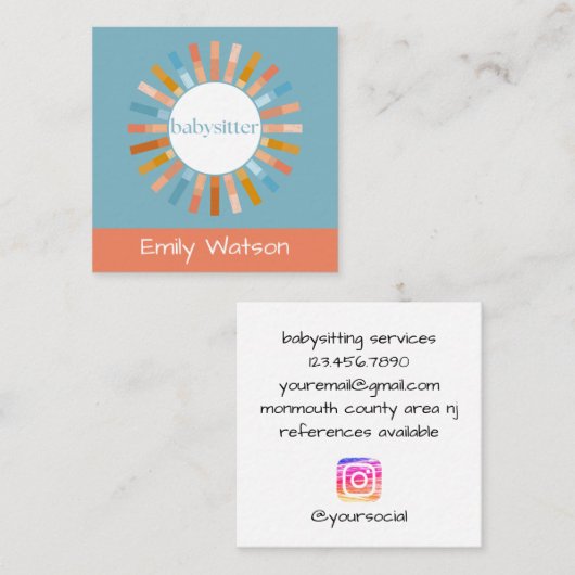 サークルウェアのピンブルーアンドピーチIGベビーシッター スクエア名刺 (正面/裏面)