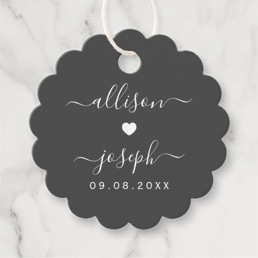 サークルスカラップ結婚ドまたはシャワーギフトラベル、グレー フェイバータグ (正面)