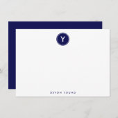 サークルモノグラムネイビーブルーパーソナライズされたフラット ノートカード (正面/裏面)