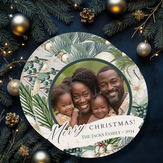 サーク魅力的エレガントアイボリー&ブルーファミリーフォト シーズンカード