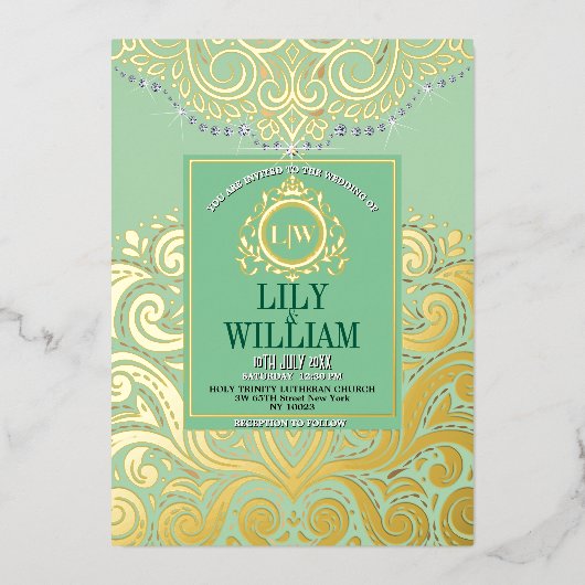 サージアエレガントルデコダイヤモンドモノグラム結婚の金ゴールド 箔招待状 (正面)