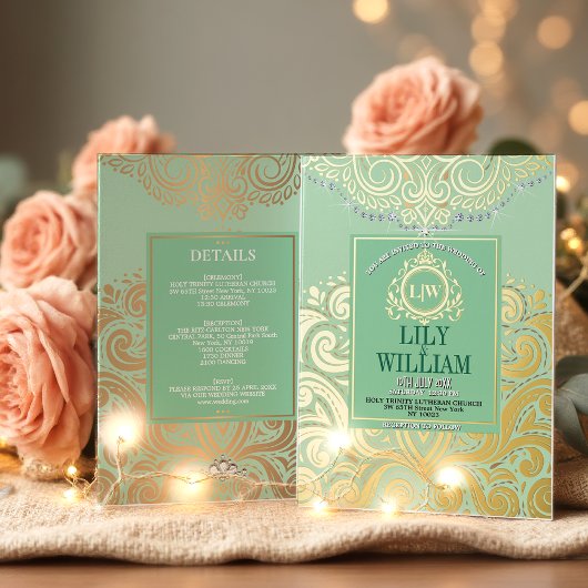 サージアエレガントルデコダイヤモンドモノグラム結婚の金ゴールド 箔招待状