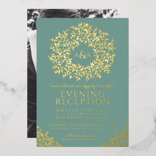 サージグリーンとゴールドのモノグラムの結婚式の披露宴の写真 箔招待状 (正面/裏面)