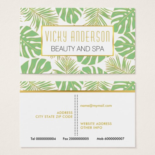 サージグリーンと熱帯金ゴールドの葉名刺 (正面&裏面)