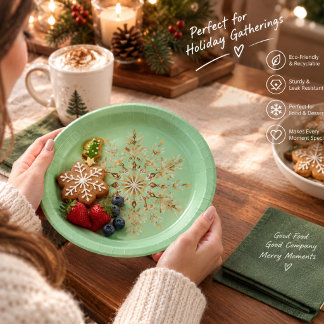 サージグリーンのクリスマスナプキンにゴールドのスノーフレーク ペーパープレート