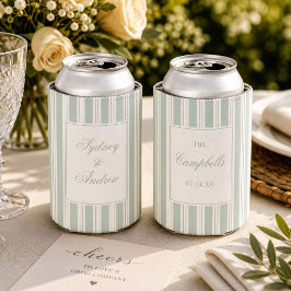 サージグリーンのティッキングストライプの結婚式 缶クーラー
