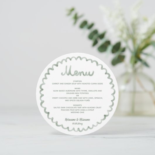 サージグリーンの丸いフレームのウェディングメニュー シーズンカード (スタンド正面)