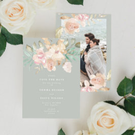 サージグリーンの写真に描かれたラスティックな水彩の花々 セーブザデート