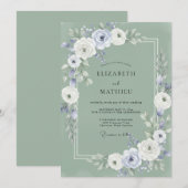 サージグリーンの幻想的なフラワーモチーフの結婚式 招待状 (正面/裏面)