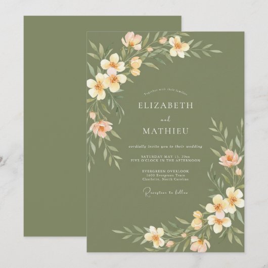 サージグリーンの桃の花の草原の結婚式 招待状 (正面/裏面)