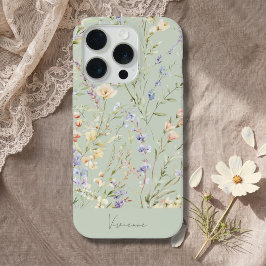 サージグリーンの水彩フラワー iPhone 15 PROケース