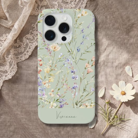 サージグリーンの水彩フラワー iPhoneケース