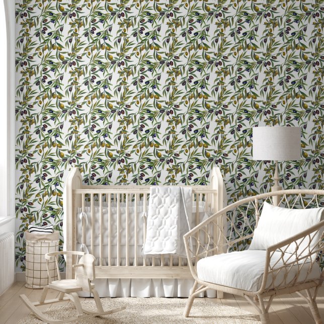サージグリーンの水彩フレンチカントリーオリーブ柄 壁紙 (キッズ)