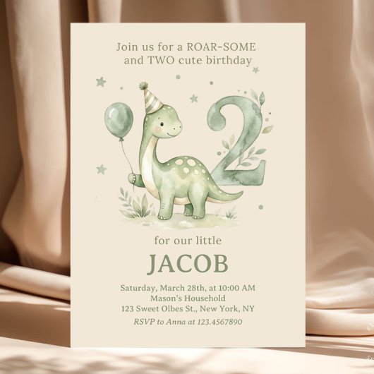 サージグリーンの水彩恐竜の2歳の誕生日 招待状