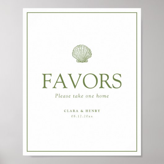 サージグリーンの貝殻の引出物テーブルサイン ポスター (正面)