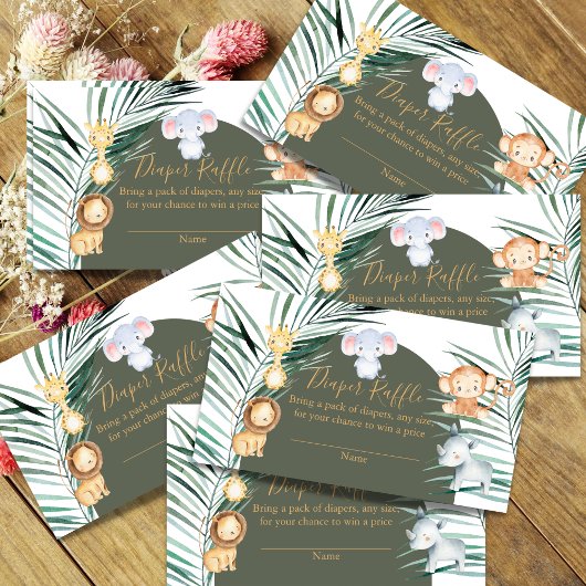 サージグリーンサファリベイビーシャワーおむつラッフルカード エンクロージャーカード
