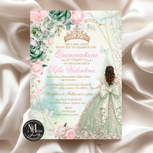 サージグリーンブラッシュピンクの幻想的な森のQuinceañera 招待状