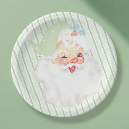 サージグリーンヴィンテージウィンキングサンタクリスマスパーティー ペーパープレート