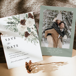 サージグリーン+ウィンターフローラル+パイン写真の裏地の結婚式 セーブザデート