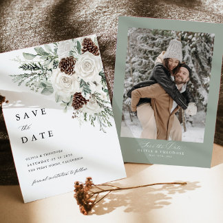 サージグリーン+ウィンターフローラル+パイン写真の裏地の結婚式 セーブザデート