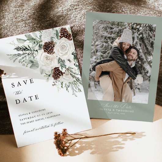 サージグリーン+ウィンターフローラル+パイン写真の裏地の結婚式 セーブザデート