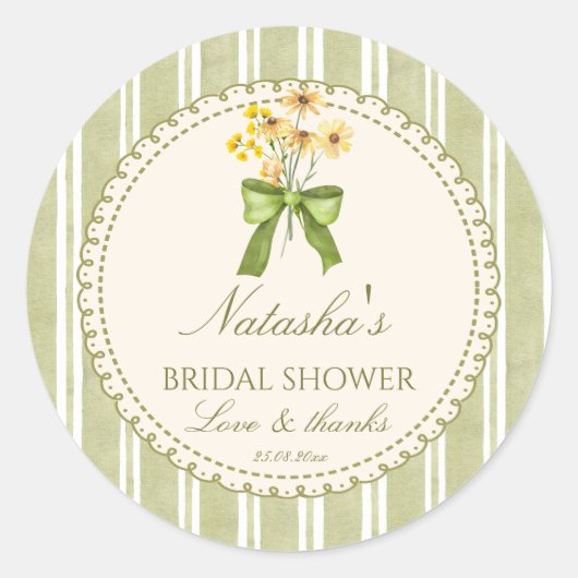 サージグリーン ストライプの結婚式前お祝い イニシャル入り ラウンドシール (正面)
