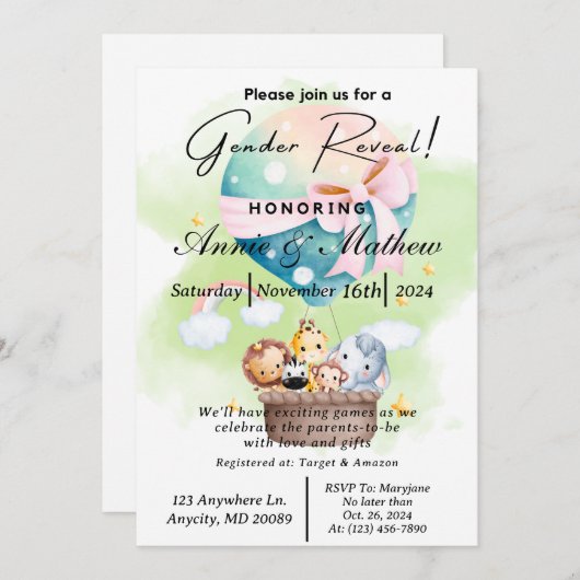 サージジェンダーが動物のサファリを熱気球で明らかにする 招待状 (正面/裏面)