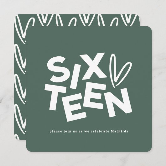 サージュモダンミニマルグリーンタイポグラフィ16歳 招待状 (正面/裏面)