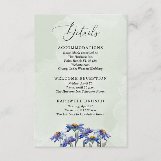 サージ素朴グリーン&パープルデイジーズ結婚詳細 エンクロージャーカード (正面)