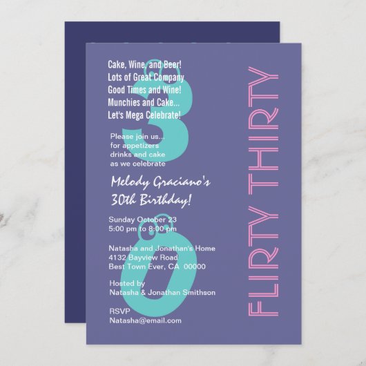 サーティパー気のあるそぶりをしたプルーピンク誕生日 招待状 (正面/裏面)