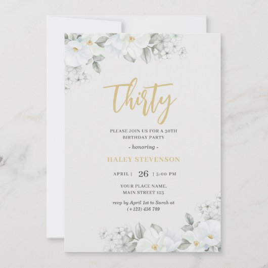 サーティホワイト&金ゴールドエレガントホワイトフローラ誕生日 招待状 (正面)