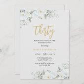 サーティホワイト&金ゴールドエレガントホワイトフローラ誕生日 招待状 (正面/裏面)
