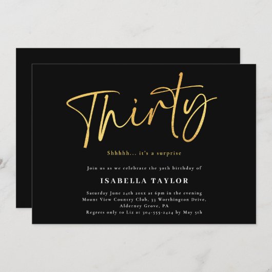 サーティーブラック金ゴールド30歳の誕生日 招待状 (正面/裏面)