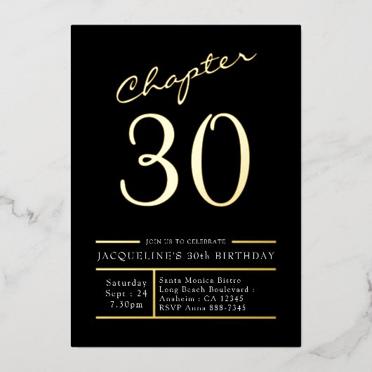 サーティーブラック金ゴールド30th誕生日パーティー金ゴールド 箔招待状 (正面)